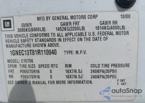 2001 Chevrolet Tahoe C1500 z USA, uszkodzony, nr VIN 1GNEC13T81R110940